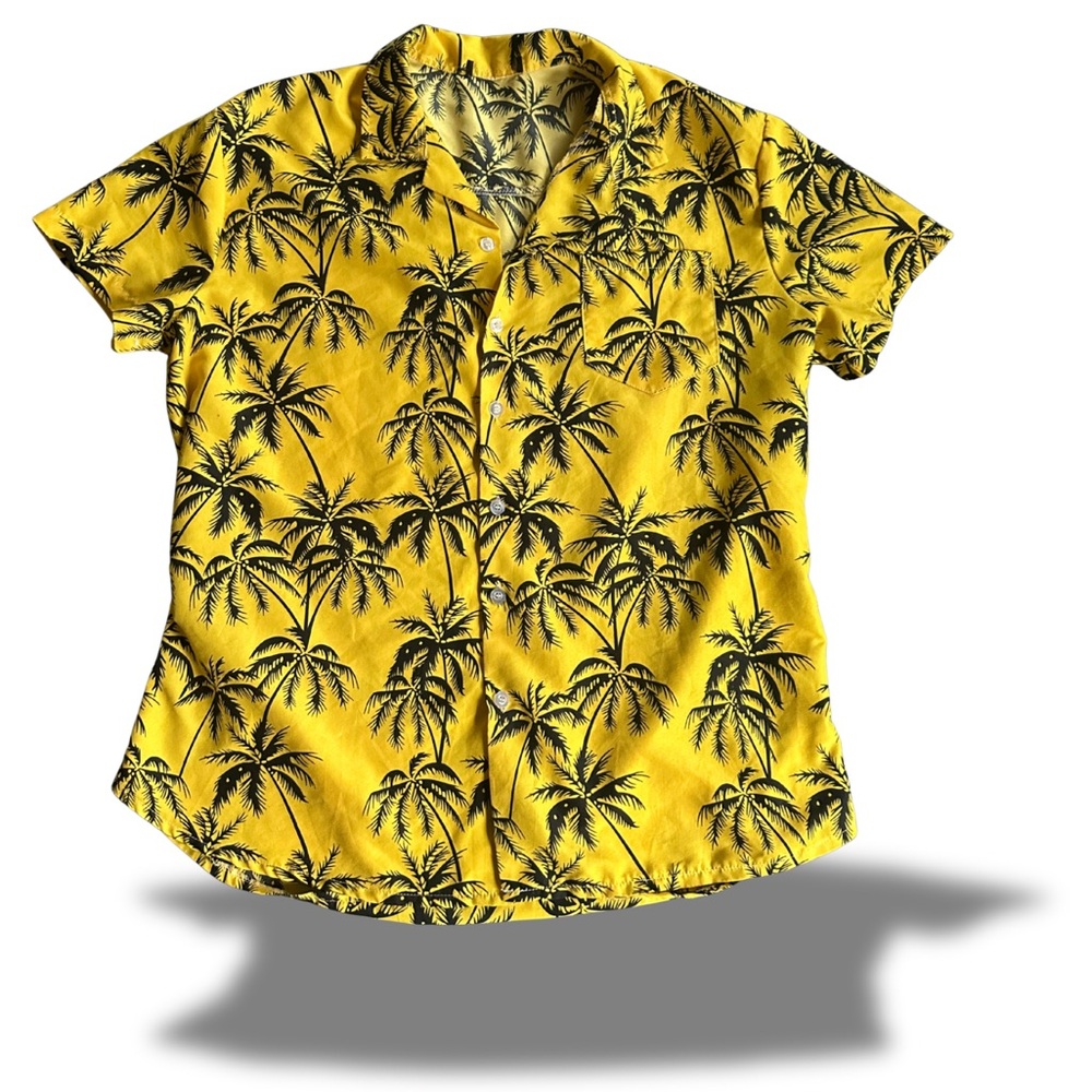 Yellow Black Palm Tree Hawaiian Miami Vice Button Up, Collar, Collared Gay LGBTQ